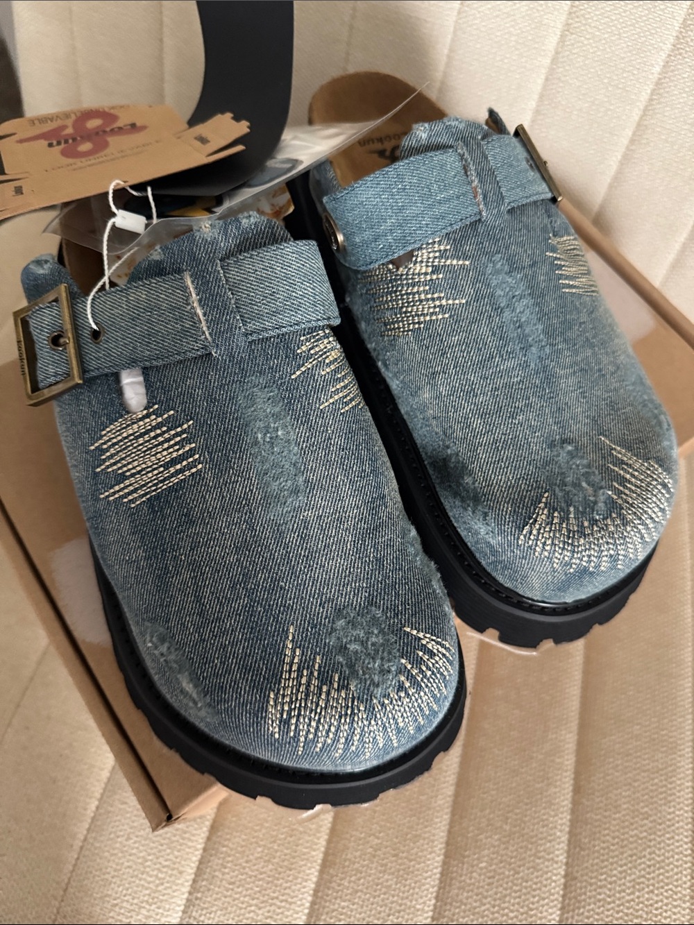 Denim Blue Mules with Metallic Stitching - Women